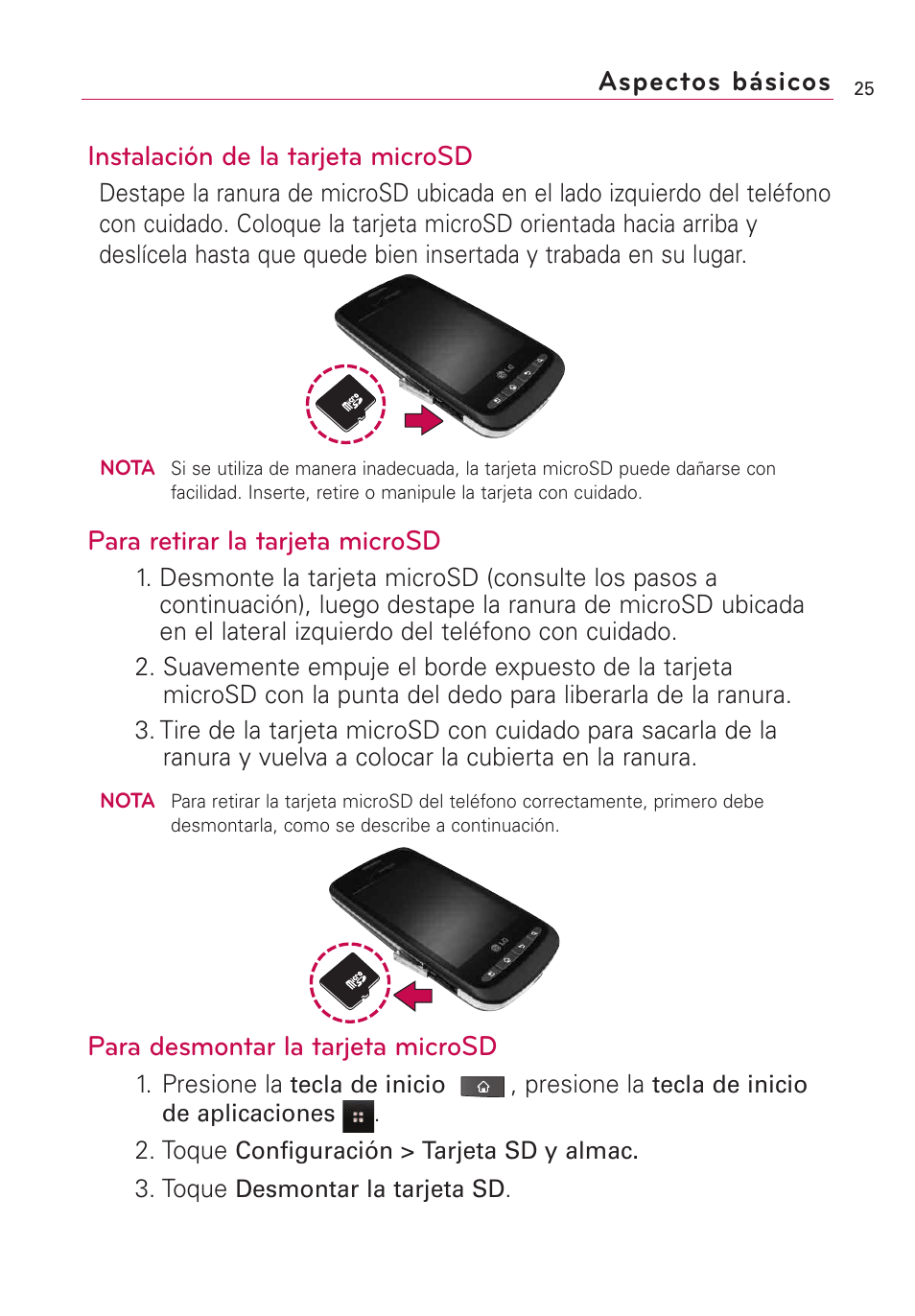 Instalación de la tarjeta microsd, Para retirar la tarjeta microsd, Para desmontar la tarjeta microsd | Aspectos básicos | LG VS660 User Manual | Page 360 / 692