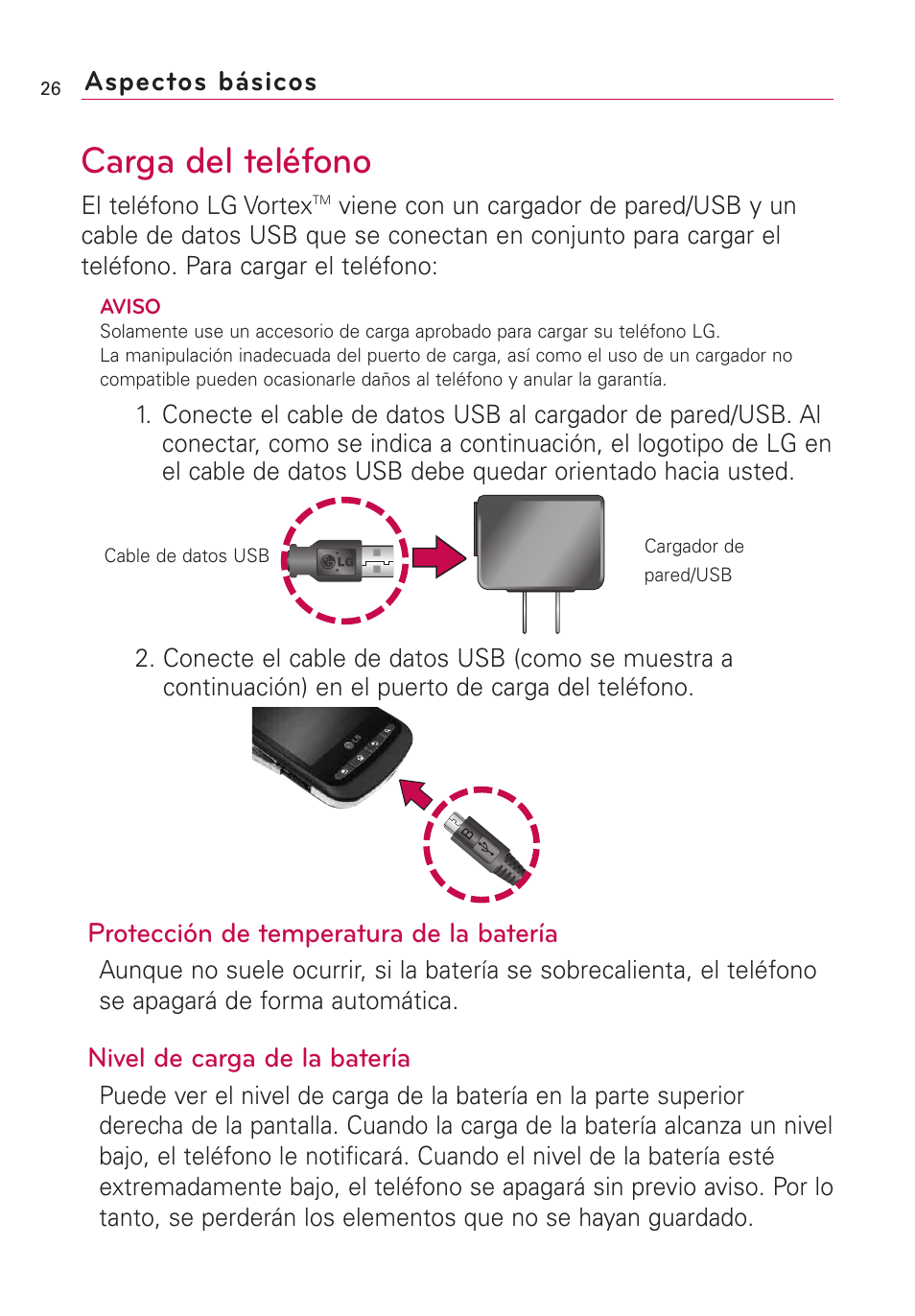 Carga del teléfono, Protección de temperatura de la batería, Nivel de carga de la batería | Aspectos básicos | LG VS660 User Manual | Page 361 / 692