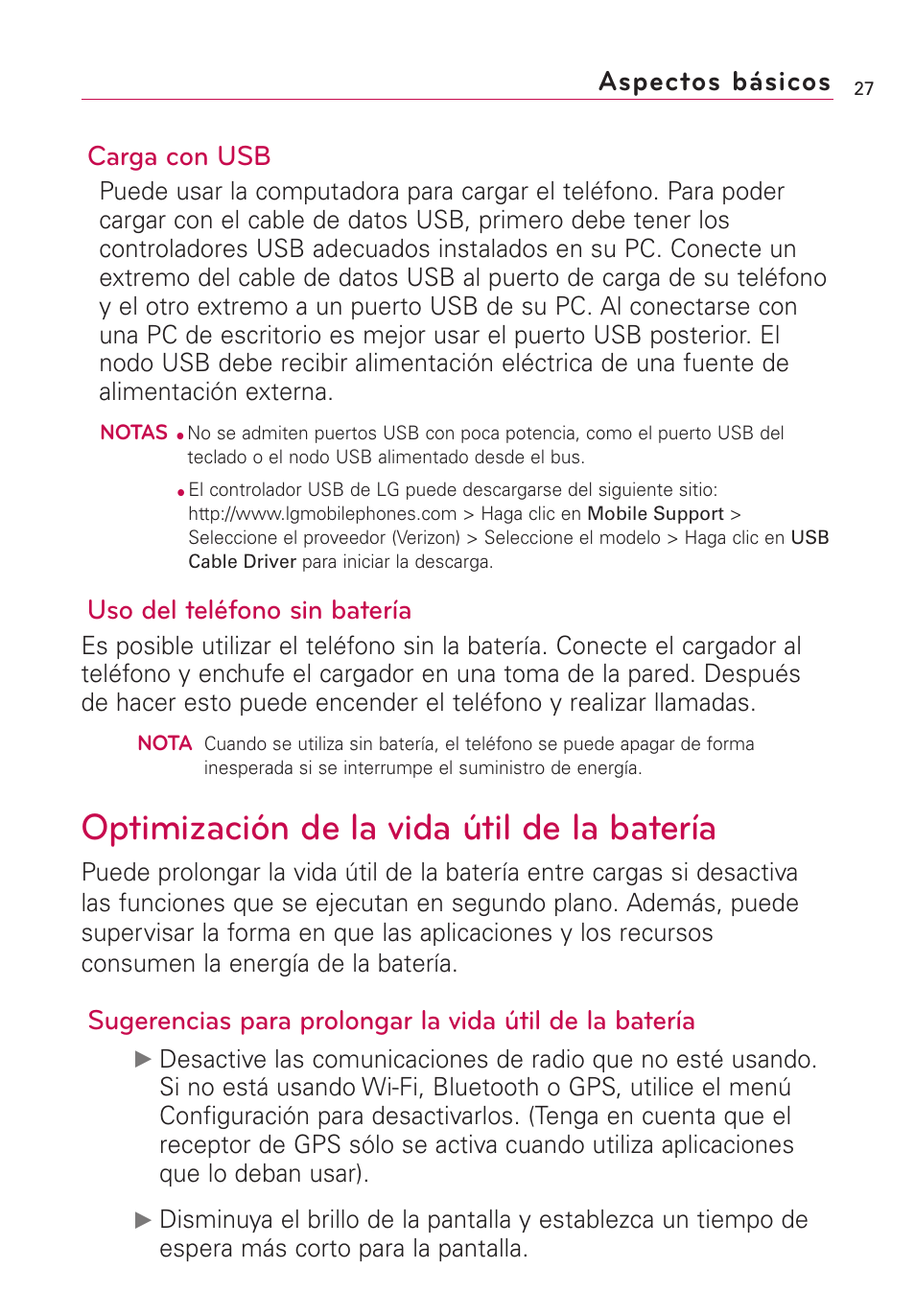Optimización de la vida útil, Optimización de la vida útil de la batería, Carga con usb | Uso del teléfono sin batería, Aspectos básicos | LG VS660 User Manual | Page 362 / 692