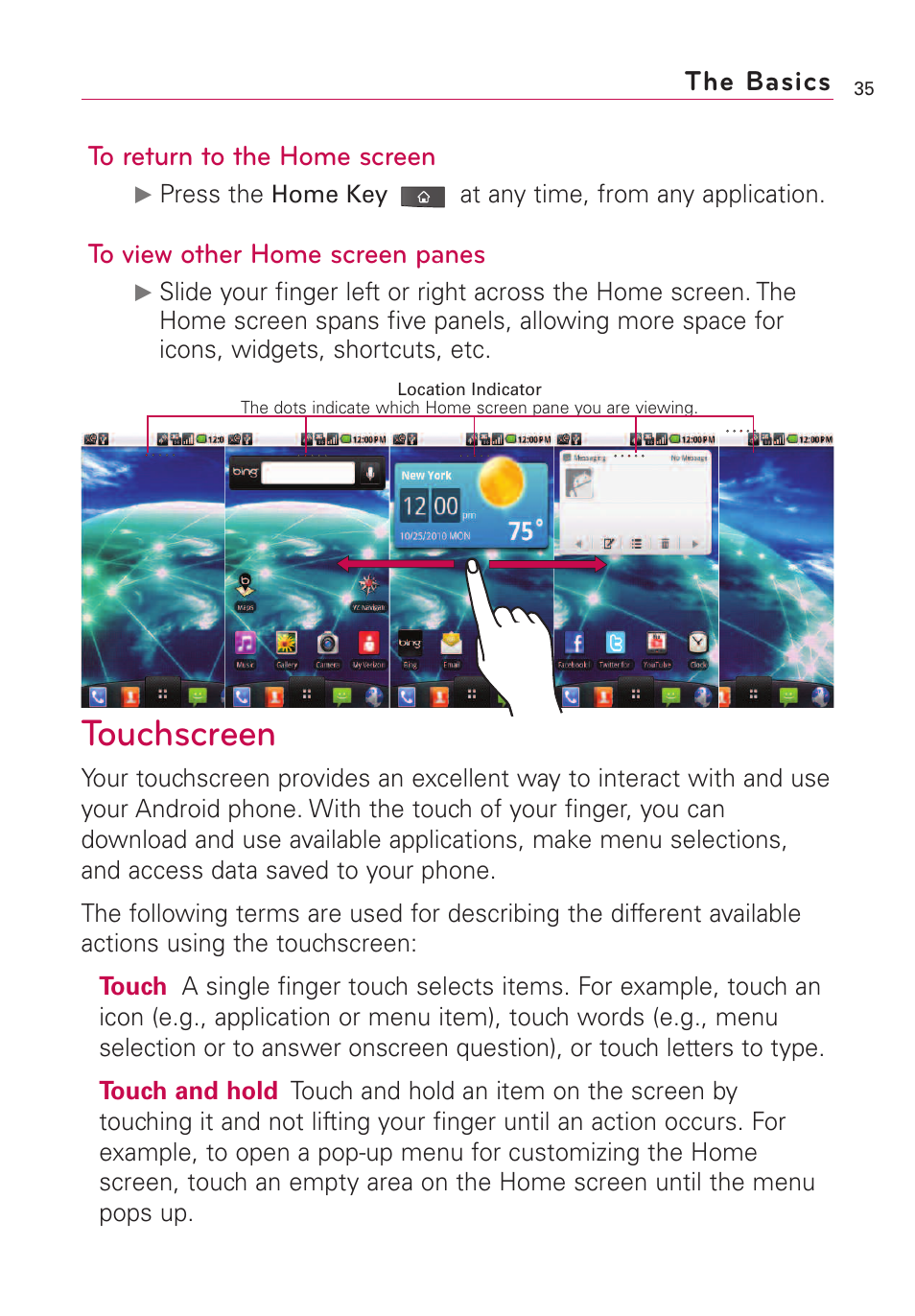 Touchscreen, The basics | LG VS660 User Manual | Page 37 / 692