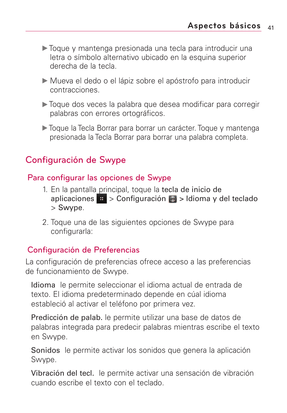 Configuración de swype, Para configurar las opciones de swype, Configuración de preferencias | Aspectos básicos | LG VS660 User Manual | Page 376 / 692
