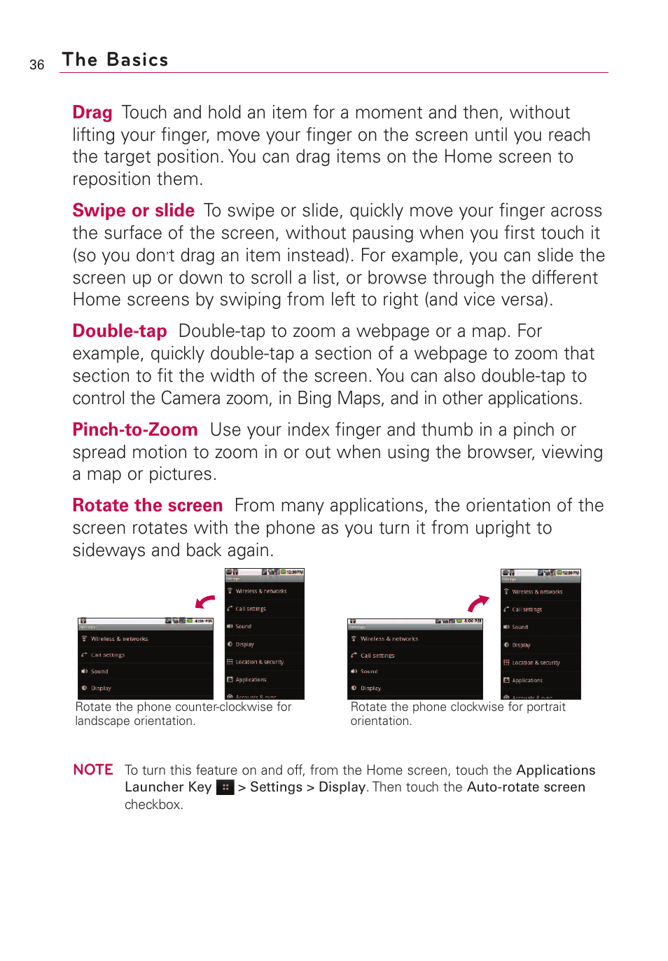 The basics | LG VS660 User Manual | Page 38 / 692