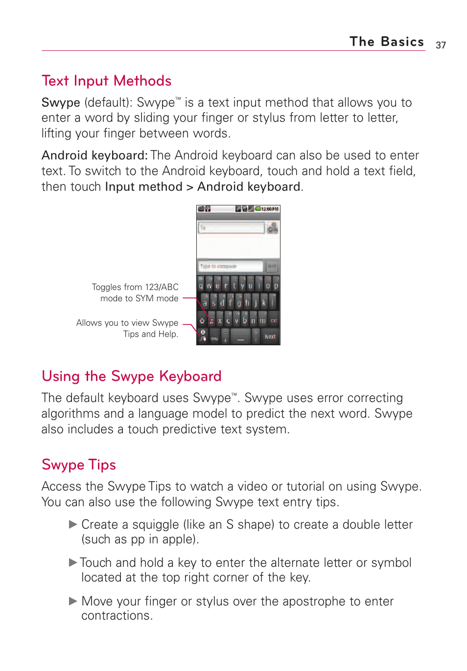 Text input methods, Using the swype keyboard, Swype tips | The basics | LG VS660 User Manual | Page 39 / 692
