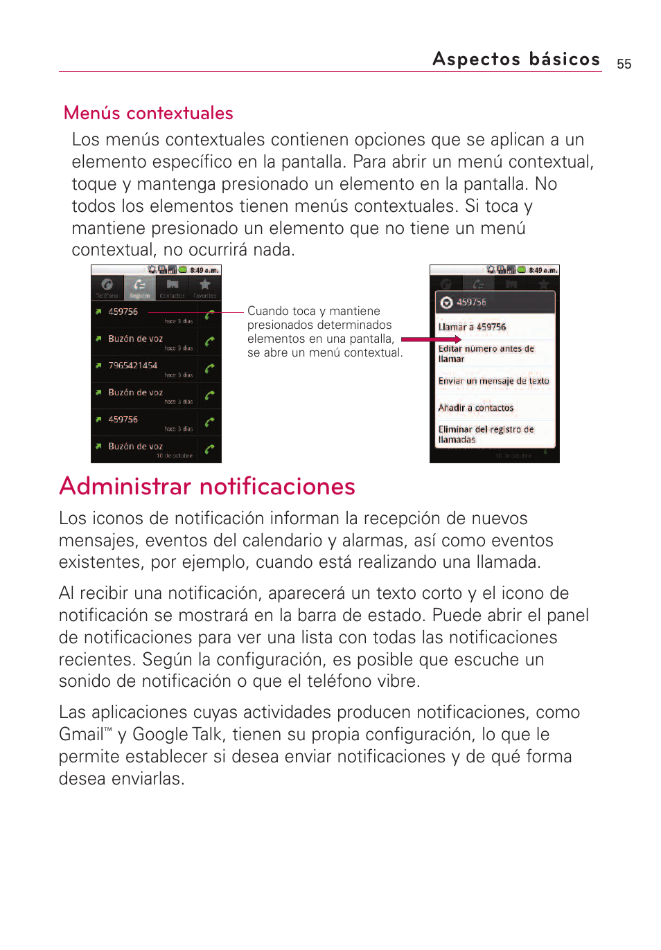 Administrar notificaciones, Aspectos básicos menús contextuales | LG VS660 User Manual | Page 390 / 692