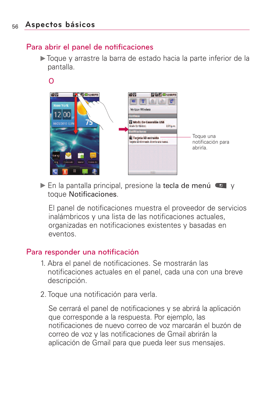 Para abrir el panel de notificaciones, Para responder una notificación, Aspectos básicos | LG VS660 User Manual | Page 391 / 692