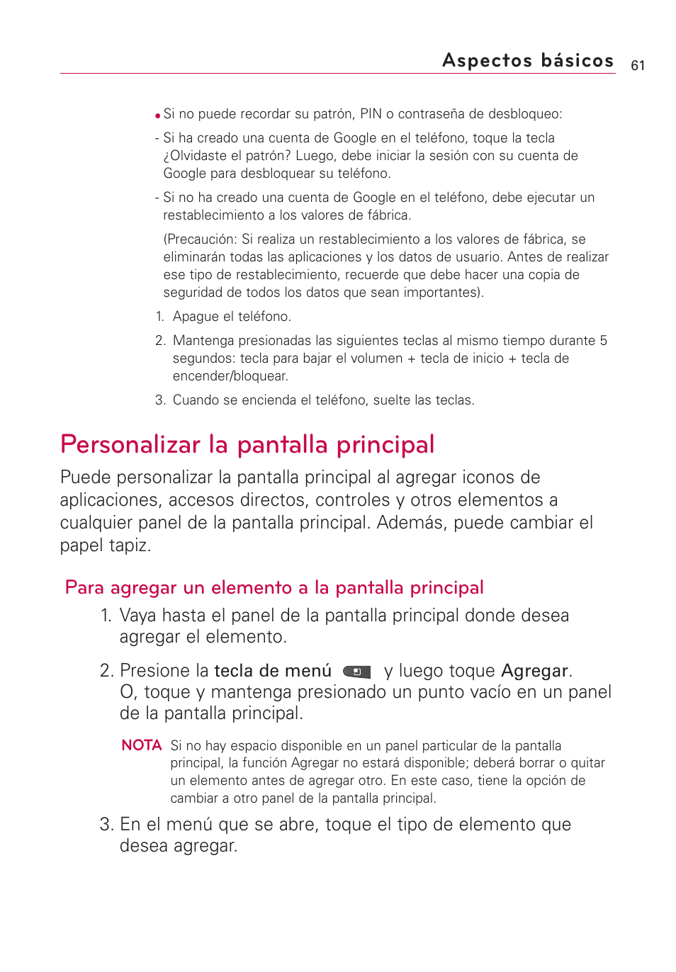 Personalizar la pantalla pri, Personalizar la pantalla principal, Aspectos básicos | Para agregar un elemento a la pantalla principal | LG VS660 User Manual | Page 396 / 692