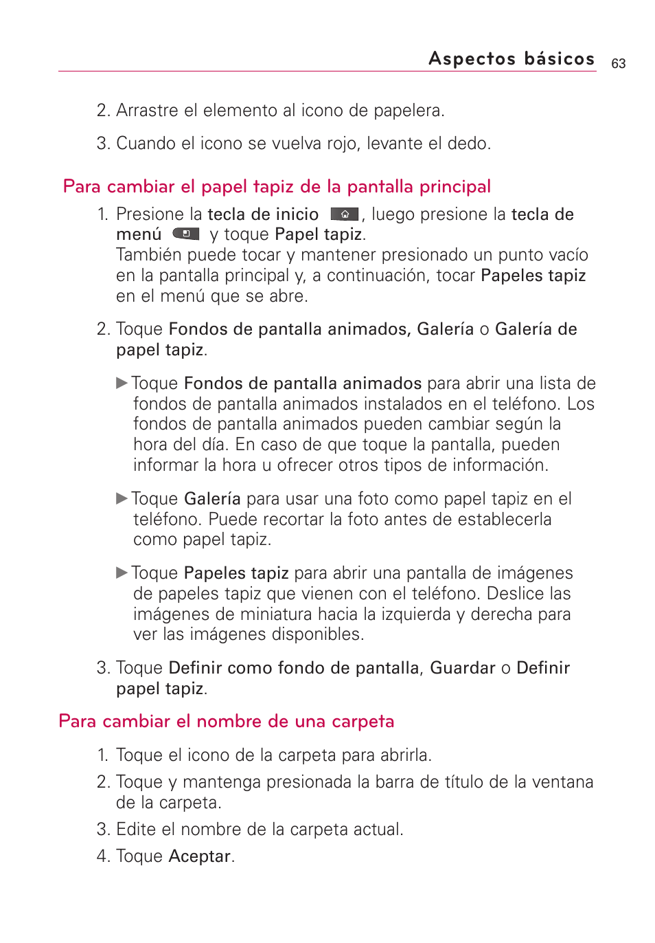 Aspectos básicos, Para cambiar el nombre de una carpeta | LG VS660 User Manual | Page 398 / 692