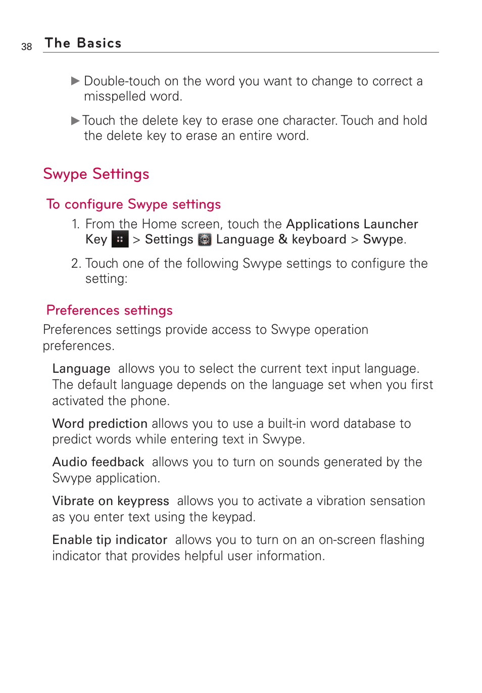 Swype settings, The basics, Preferences settings | LG VS660 User Manual | Page 40 / 692