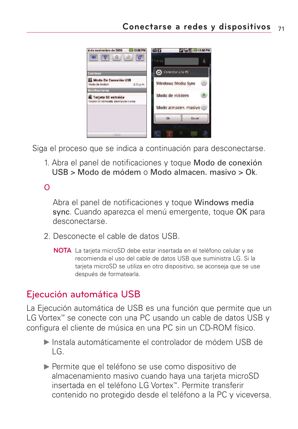 Ejecución automática usb, Conectarse a redes y dispositivos | LG VS660 User Manual | Page 406 / 692