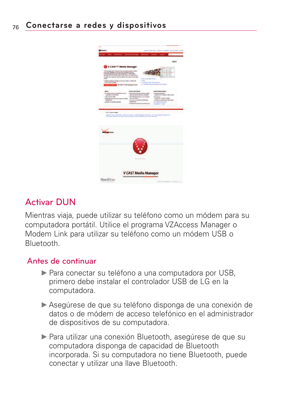 Activar dun, Antes de continuar, Conectarse a redes y dispositivos | LG VS660 User Manual | Page 411 / 692