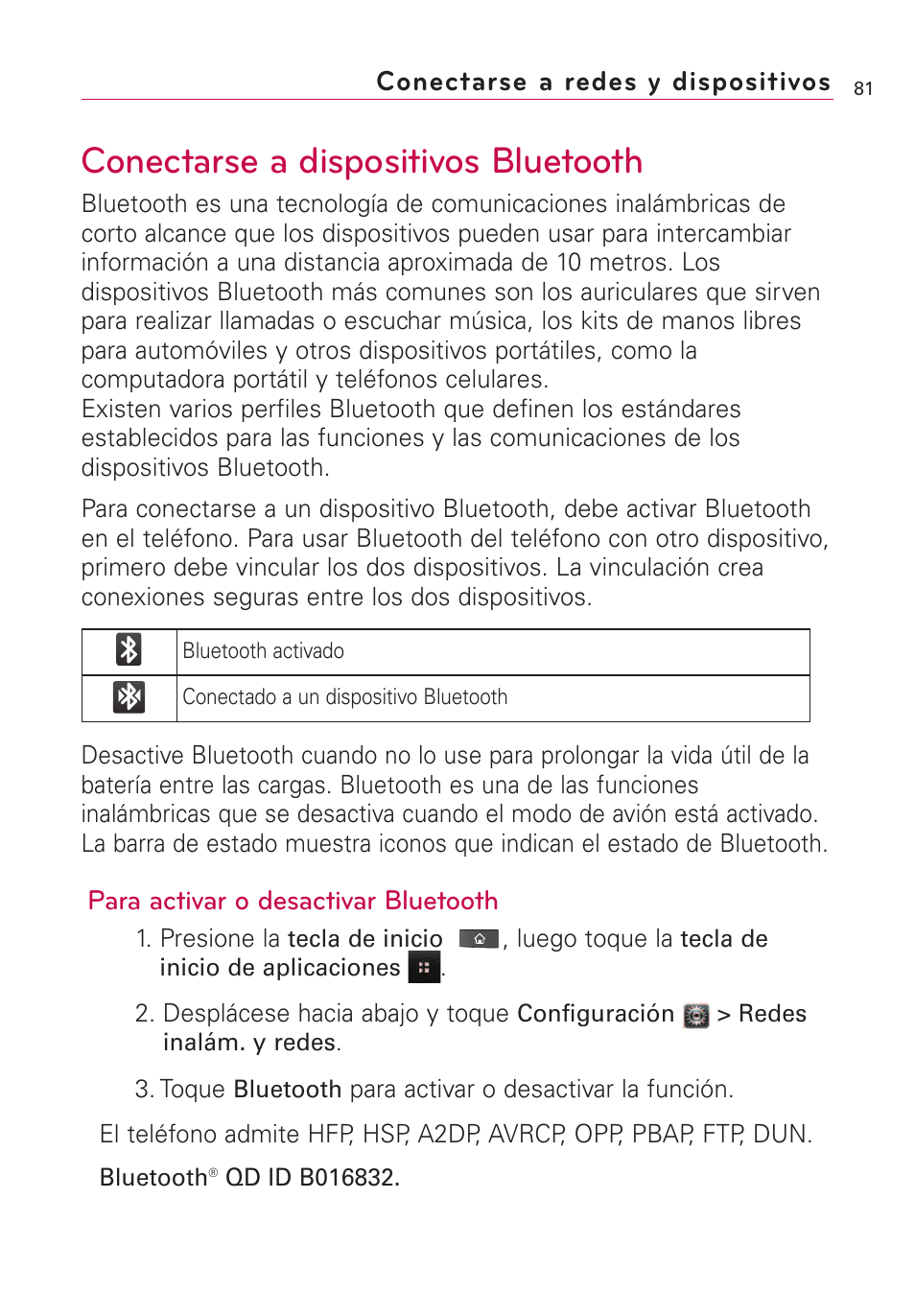 Conectarse a dispositivos bl, Conectarse a dispositivos bluetooth, Para activar o desactivar bluetooth | Conectarse a redes y dispositivos | LG VS660 User Manual | Page 416 / 692
