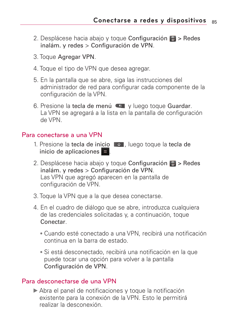 Para conectarse a una vpn, Para desconectarse de una vpn, Conectarse a redes y dispositivos | LG VS660 User Manual | Page 420 / 692