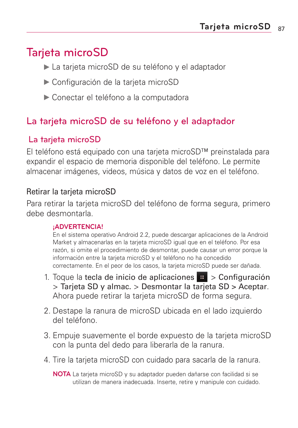 Tarjeta microsd, La tarjeta microsd de su tel, La tarjeta microsd de su teléfono y el adaptador | La tarjeta microsd | LG VS660 User Manual | Page 422 / 692