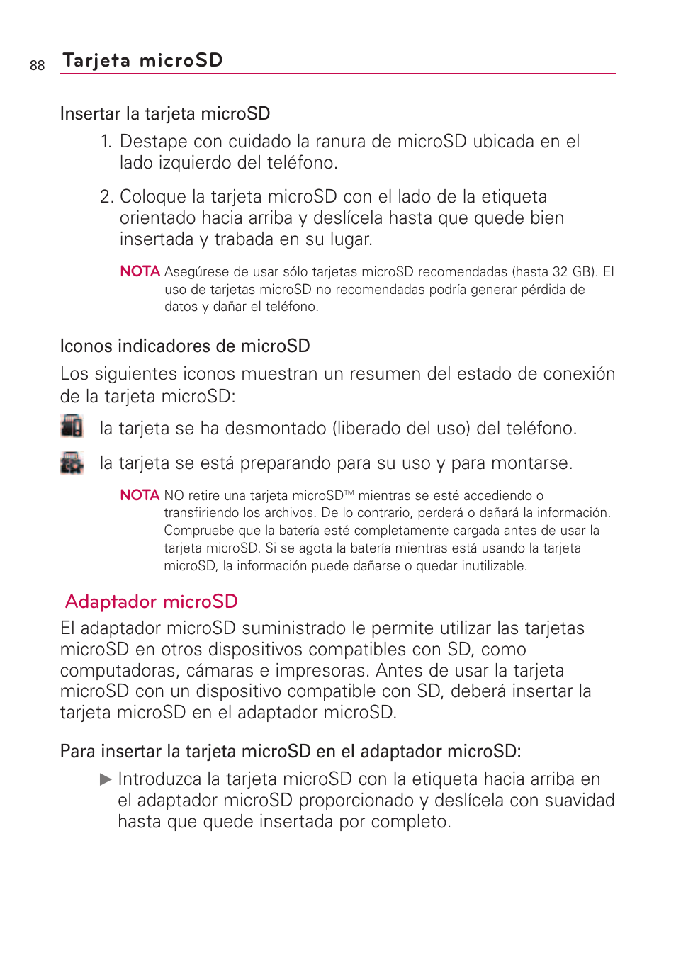 Adaptador microsd, Tarjeta microsd | LG VS660 User Manual | Page 423 / 692