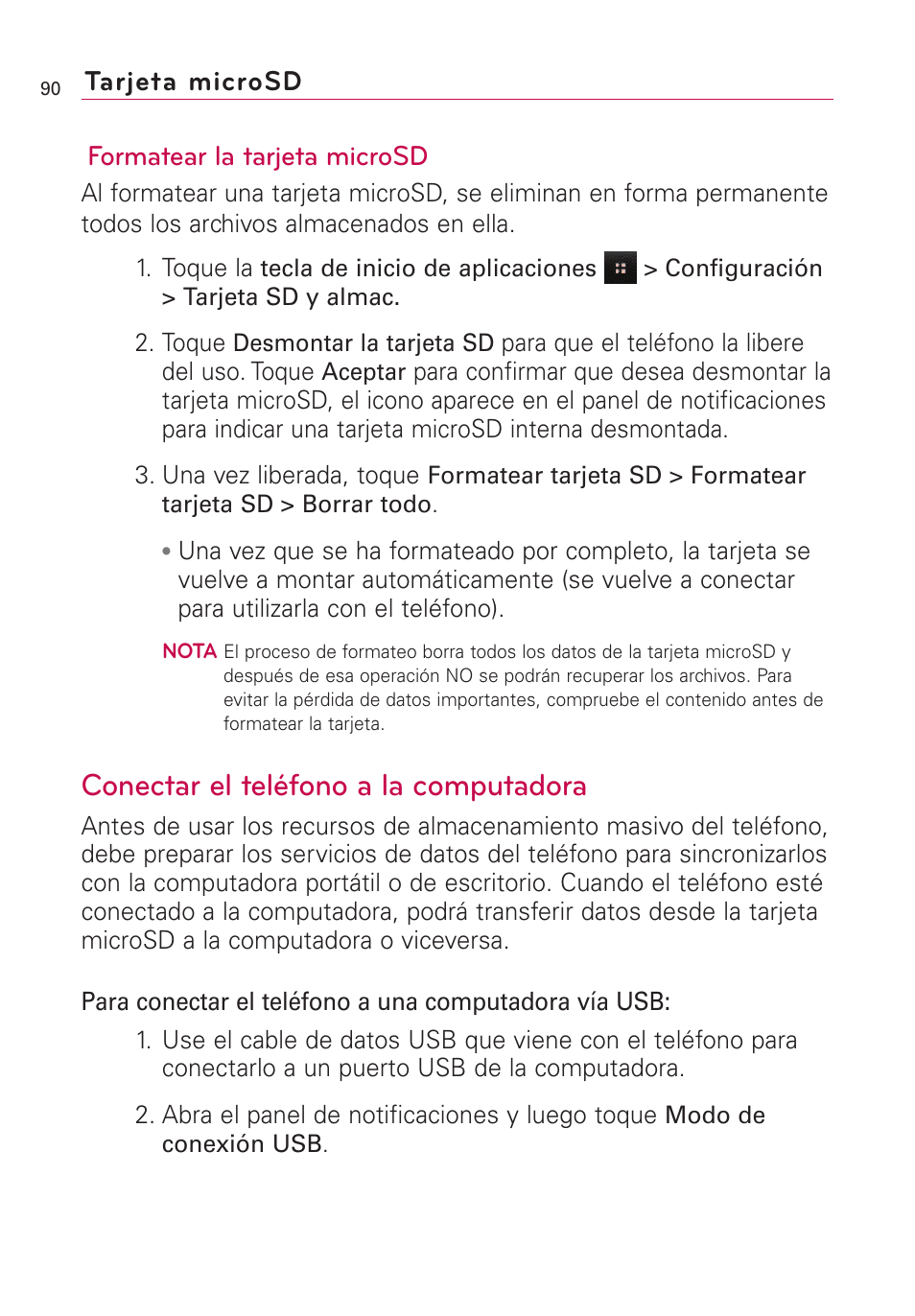Conectar el teléfono a la co, Conectar el teléfono a la computadora, Formatear la tarjeta microsd | Tarjeta microsd | LG VS660 User Manual | Page 425 / 692