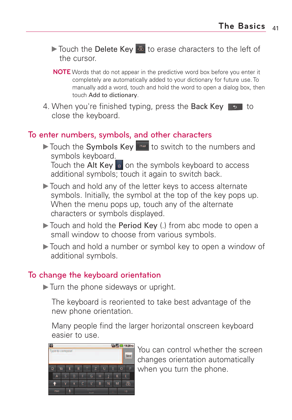 The basics | LG VS660 User Manual | Page 43 / 692