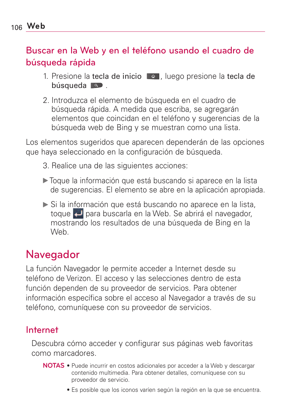 Buscar en la web y en el tel, Navegador, Internet | LG VS660 User Manual | Page 441 / 692