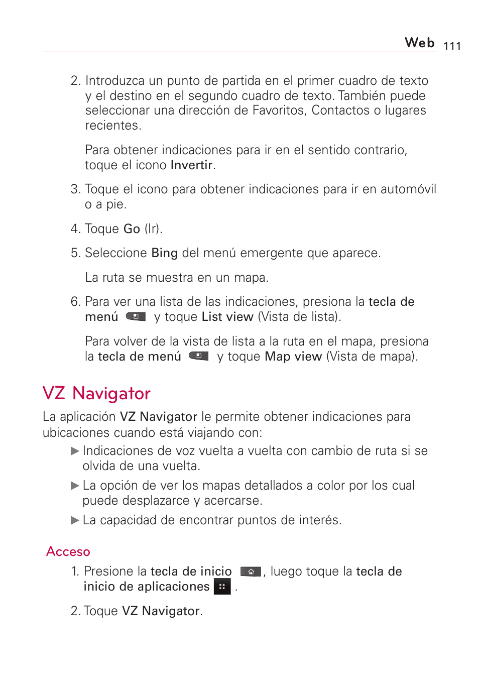 Vz navigator, Acceso | LG VS660 User Manual | Page 446 / 692