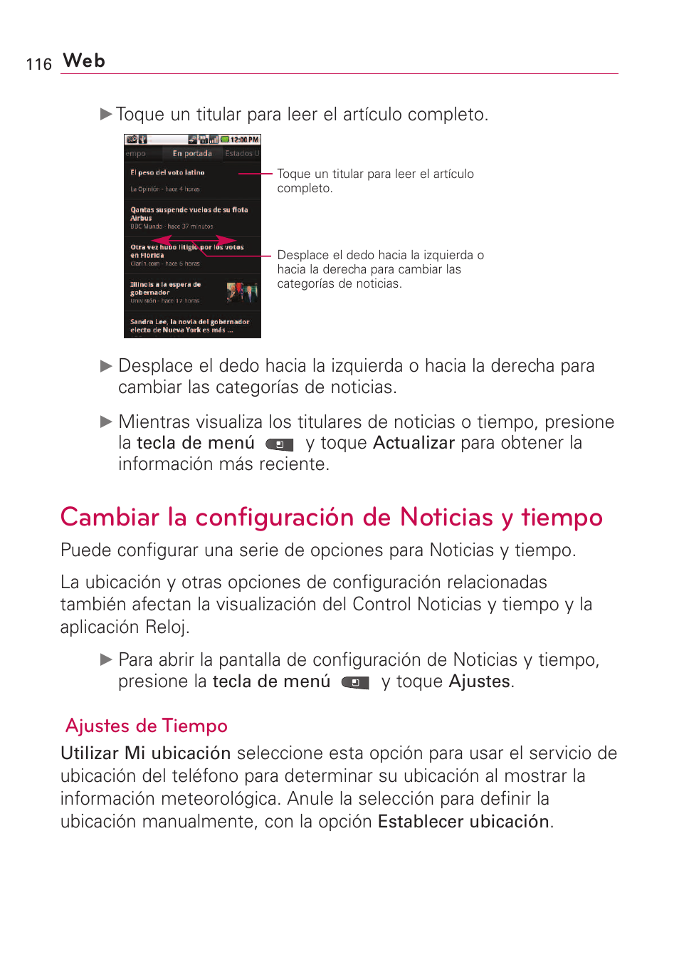 Cambiar la configuración de, Cambiar la configuración de noticias y tiempo, Ajustes de tiempo | LG VS660 User Manual | Page 451 / 692