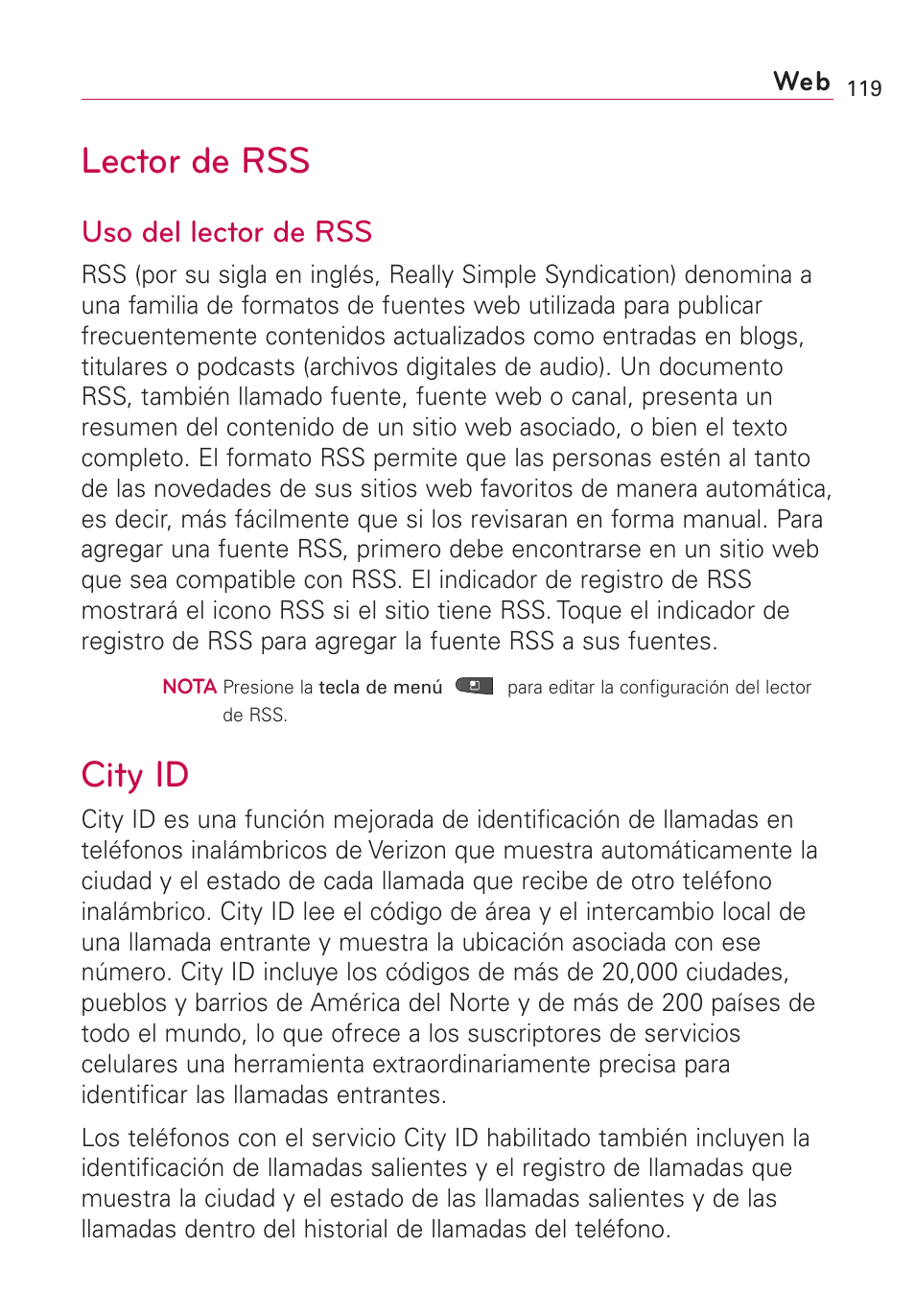 Lector de rss, Uso del lector de rss, City id | LG VS660 User Manual | Page 454 / 692