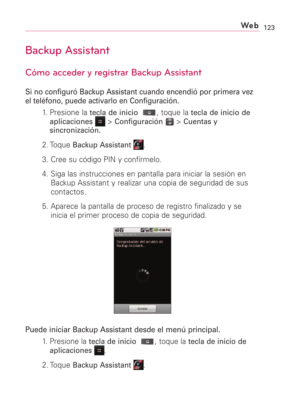 Backup assistant, Cómo acceder y registrar bac, Cómo acceder y registrar backup assistant | LG VS660 User Manual | Page 458 / 692