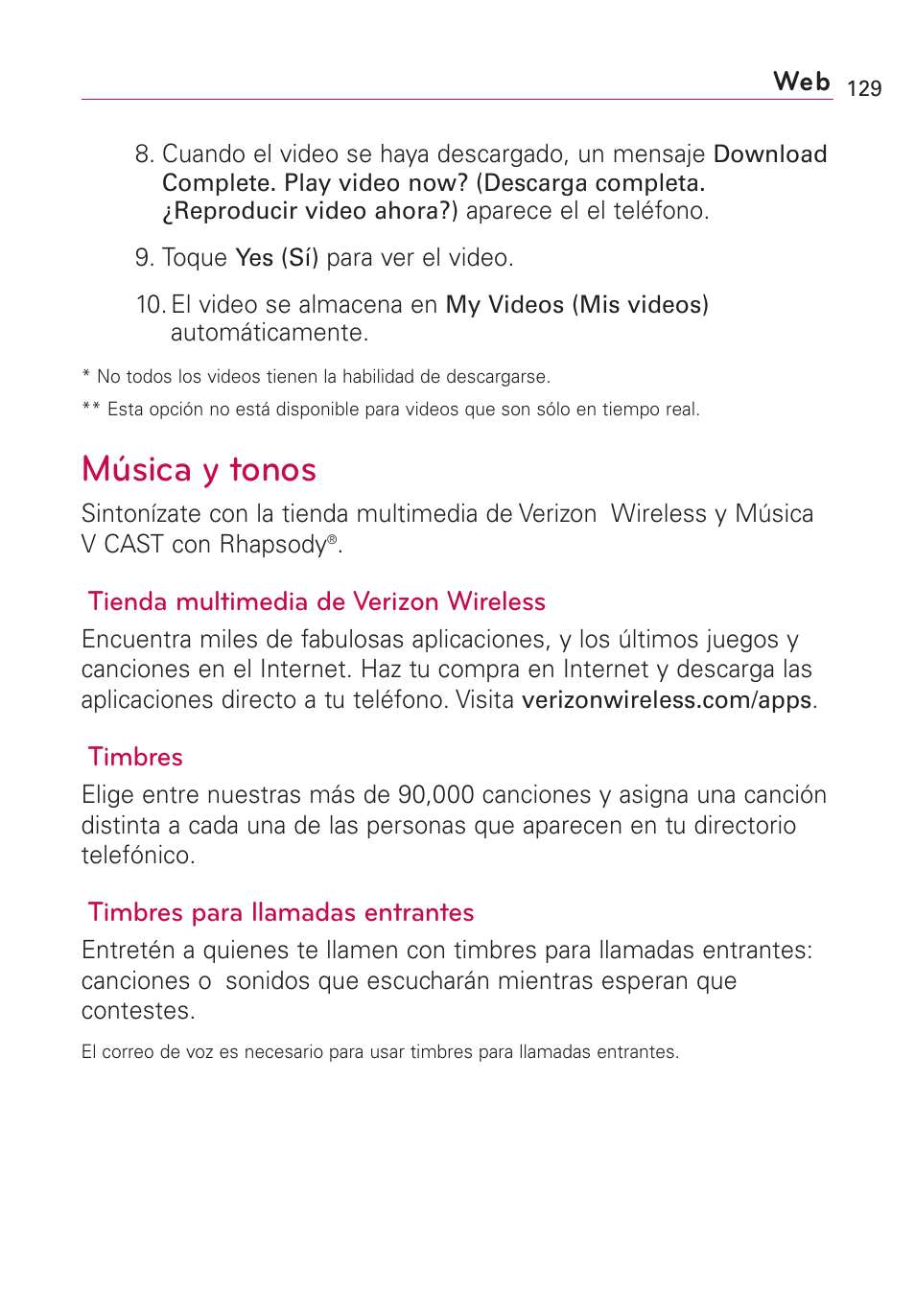 Música y tonos, Tienda multimedia de verizon wireless, Timbres | Timbres para llamadas entrantes | LG VS660 User Manual | Page 464 / 692