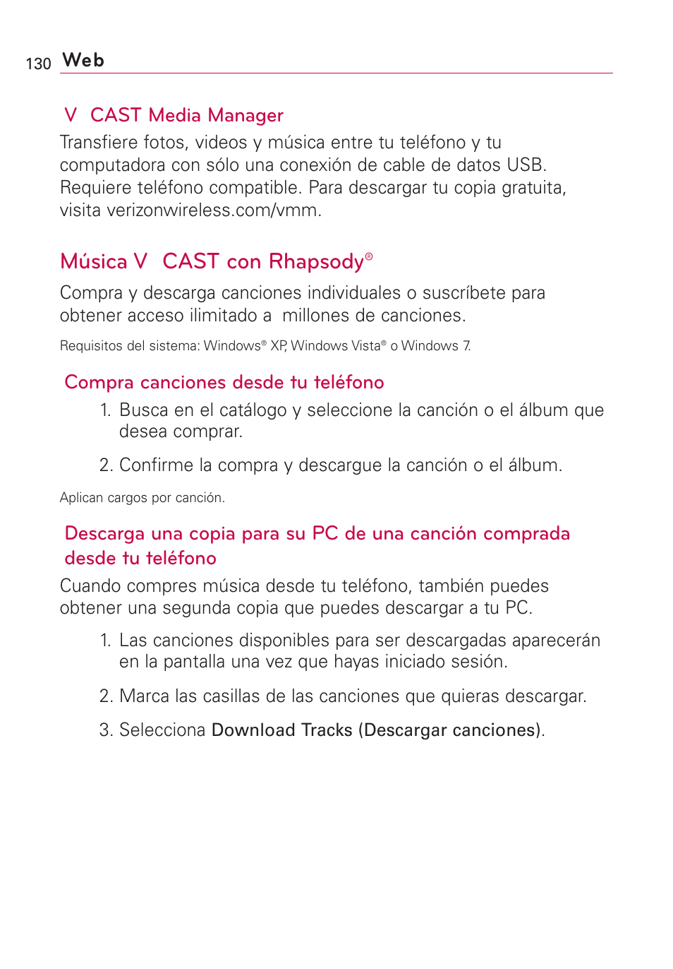 Música v cast con rhapsody, Web v cast media manager, Compra canciones desde tu teléfono | LG VS660 User Manual | Page 465 / 692