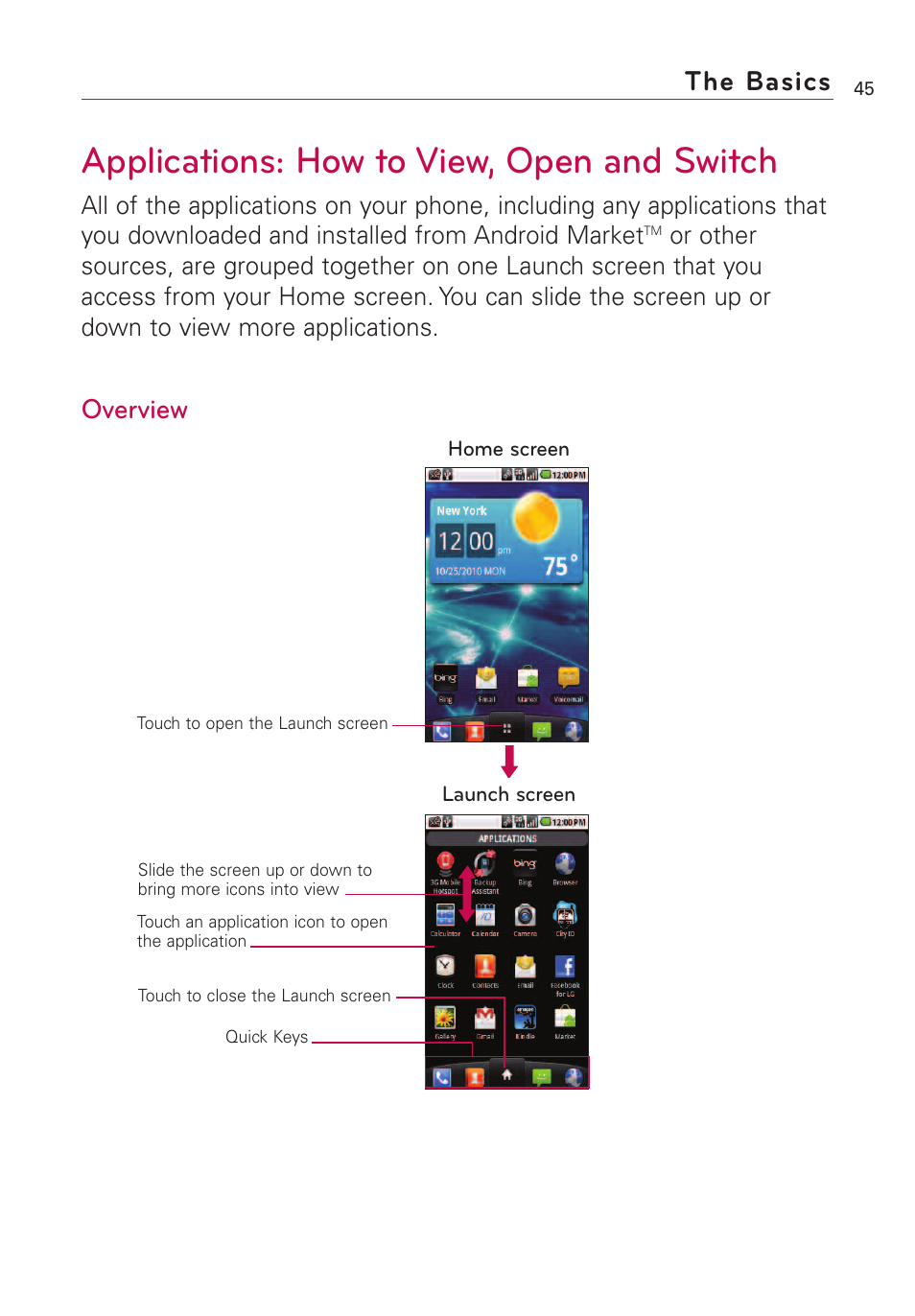 Applications: how to view, o, Applications: how to view, open and switch, The basics | Overview | LG VS660 User Manual | Page 47 / 692