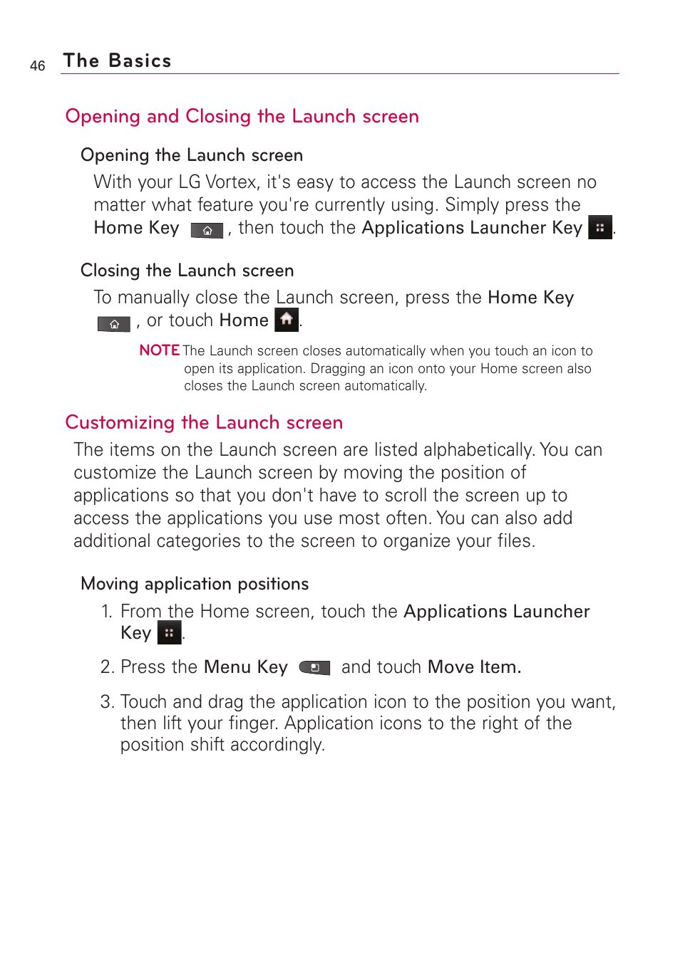 Opening and closing the launch screen, Customizing the launch screen, The basics | LG VS660 User Manual | Page 48 / 692