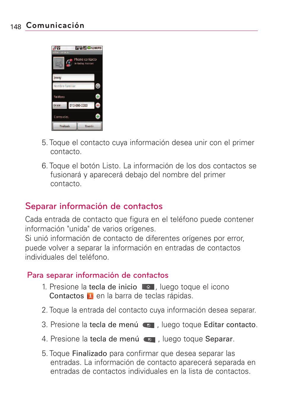 Separar información de conta, Separar información de contactos | LG VS660 User Manual | Page 483 / 692