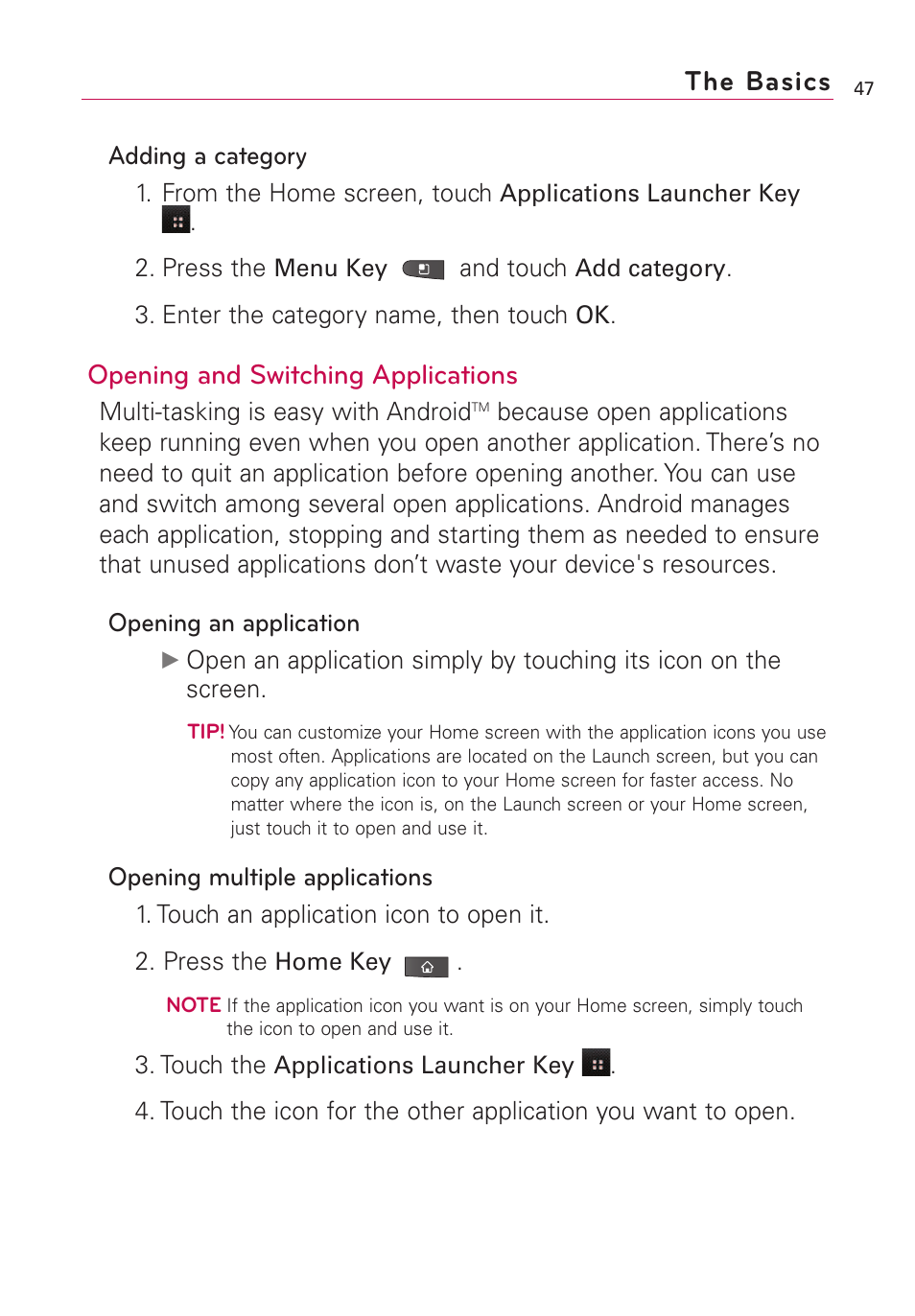 Opening and switching applications, The basics | LG VS660 User Manual | Page 49 / 692