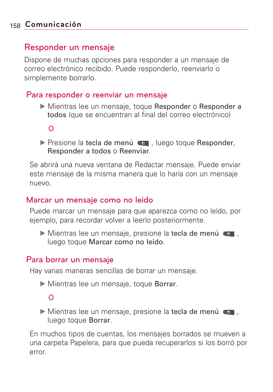 Responder un mensaje, Para responder o reenviar un mensaje, Marcar un mensaje como no leído | Para borrar un mensaje, Comunicación | LG VS660 User Manual | Page 493 / 692