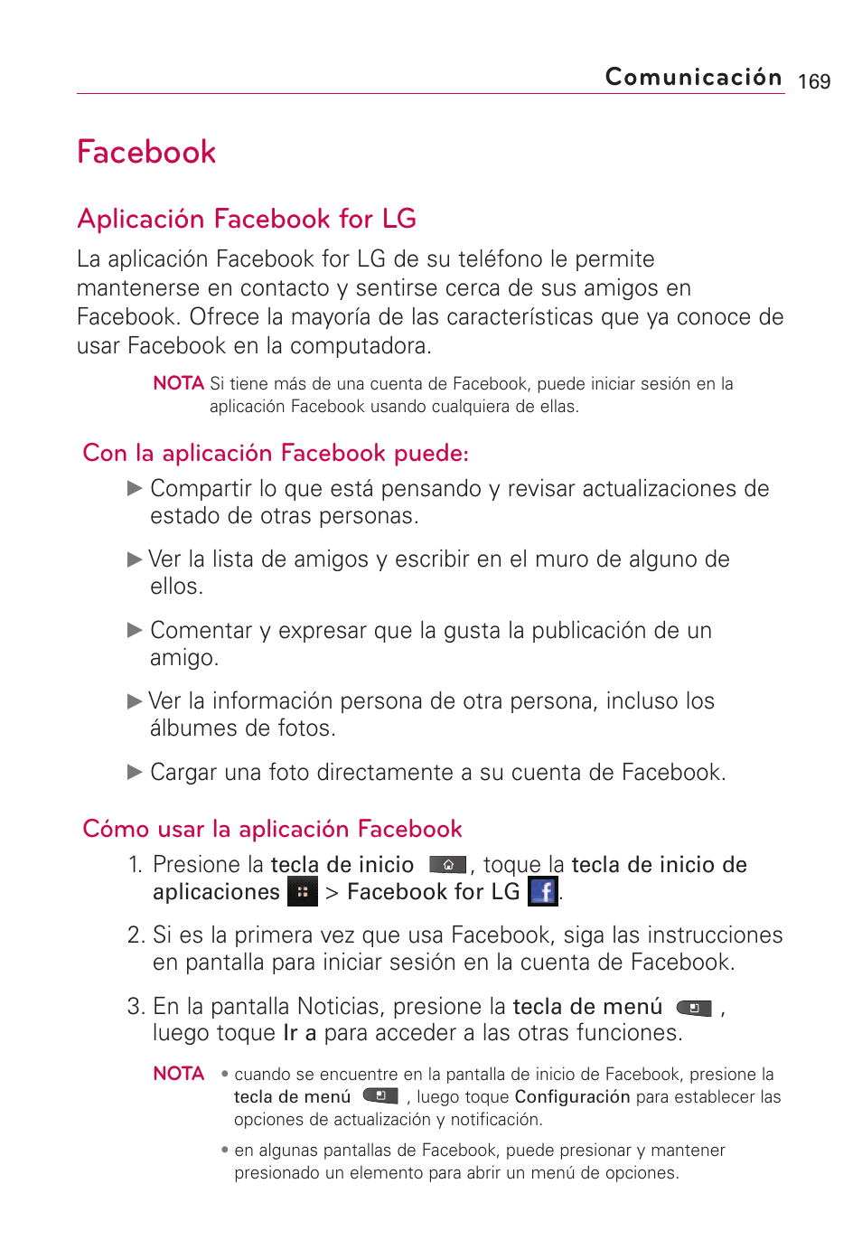 Facebook, Aplicación facebook for lg, Con la aplicación facebook puede | Cómo usar la aplicación facebook, Comunicación | LG VS660 User Manual | Page 504 / 692