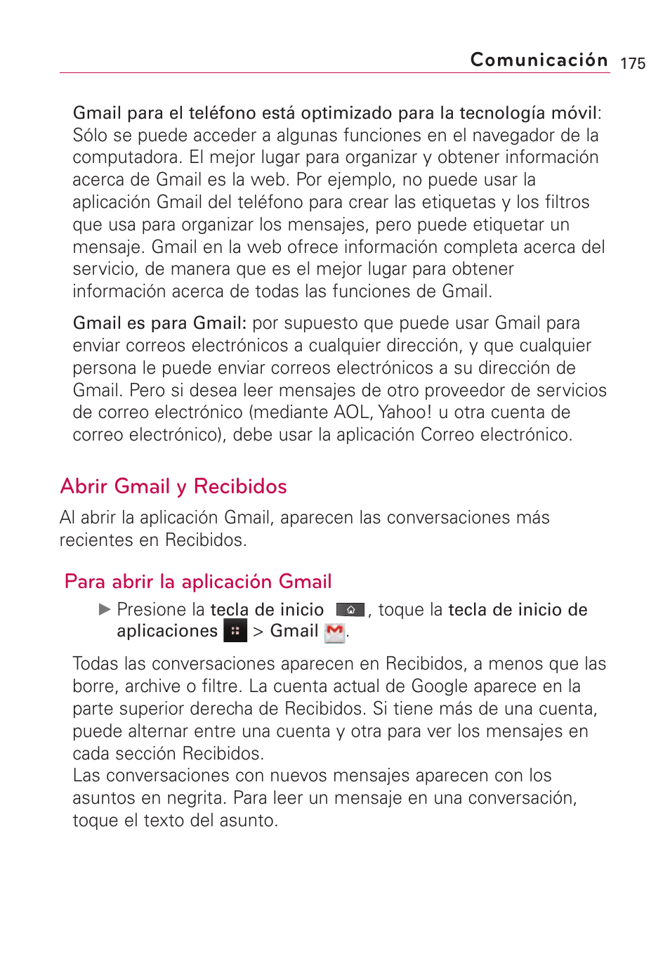 Abrir gmail y recibidos, Para abrir la aplicación gmail | LG VS660 User Manual | Page 510 / 692