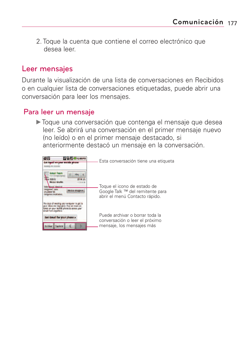 Leer mensajes, Para leer un mensaje, Comunicación | LG VS660 User Manual | Page 512 / 692