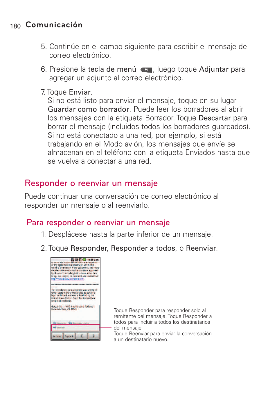 Responder o reenviar un mensaje, Para responder o reenviar un mensaje | LG VS660 User Manual | Page 515 / 692
