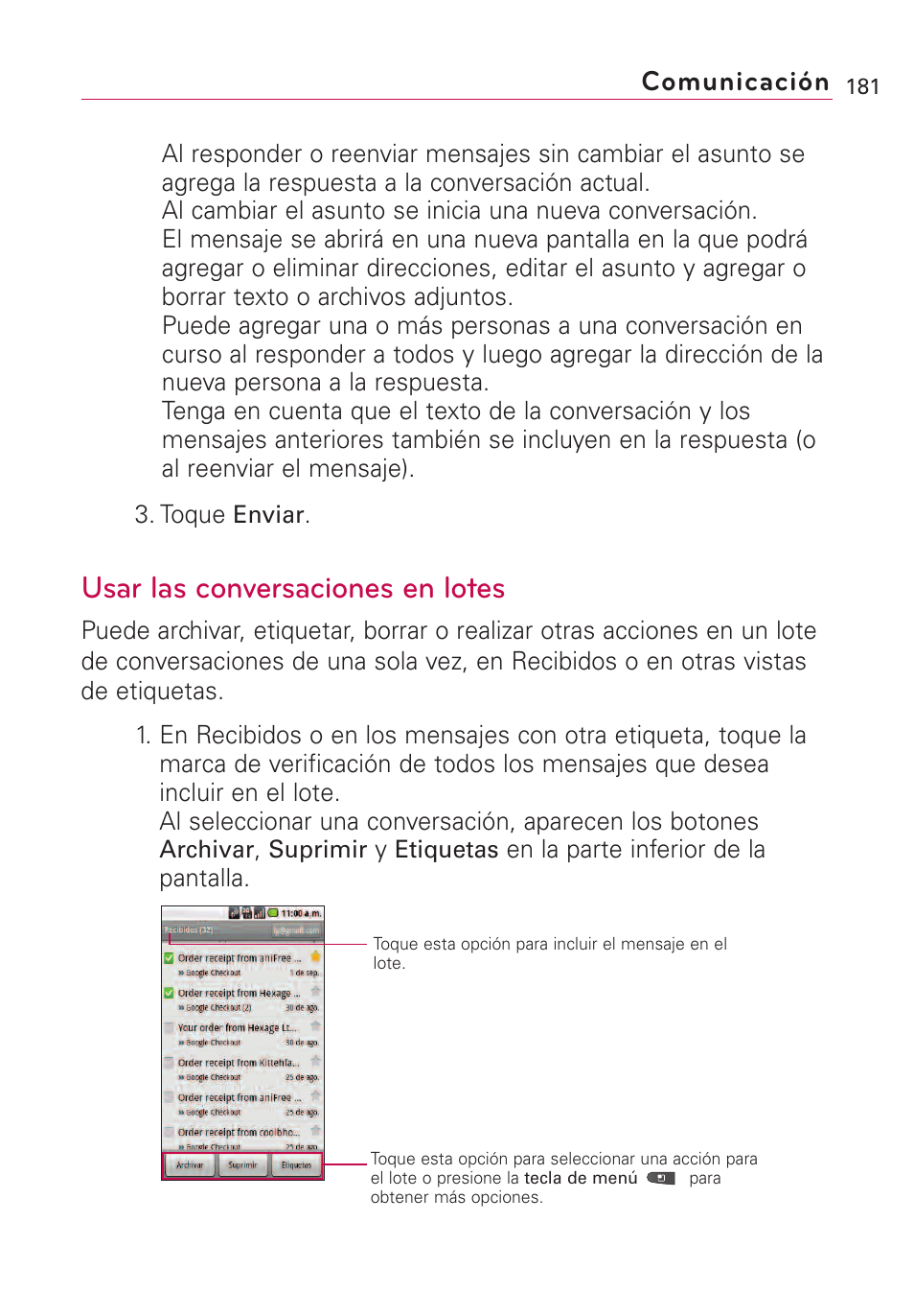 Usar las conversaciones en l, Usar las conversaciones en lotes, Comunicación | LG VS660 User Manual | Page 516 / 692