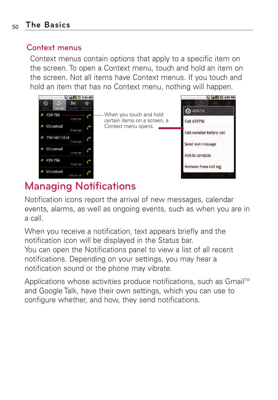 Managing notifications, Context menus, The basics | LG VS660 User Manual | Page 52 / 692