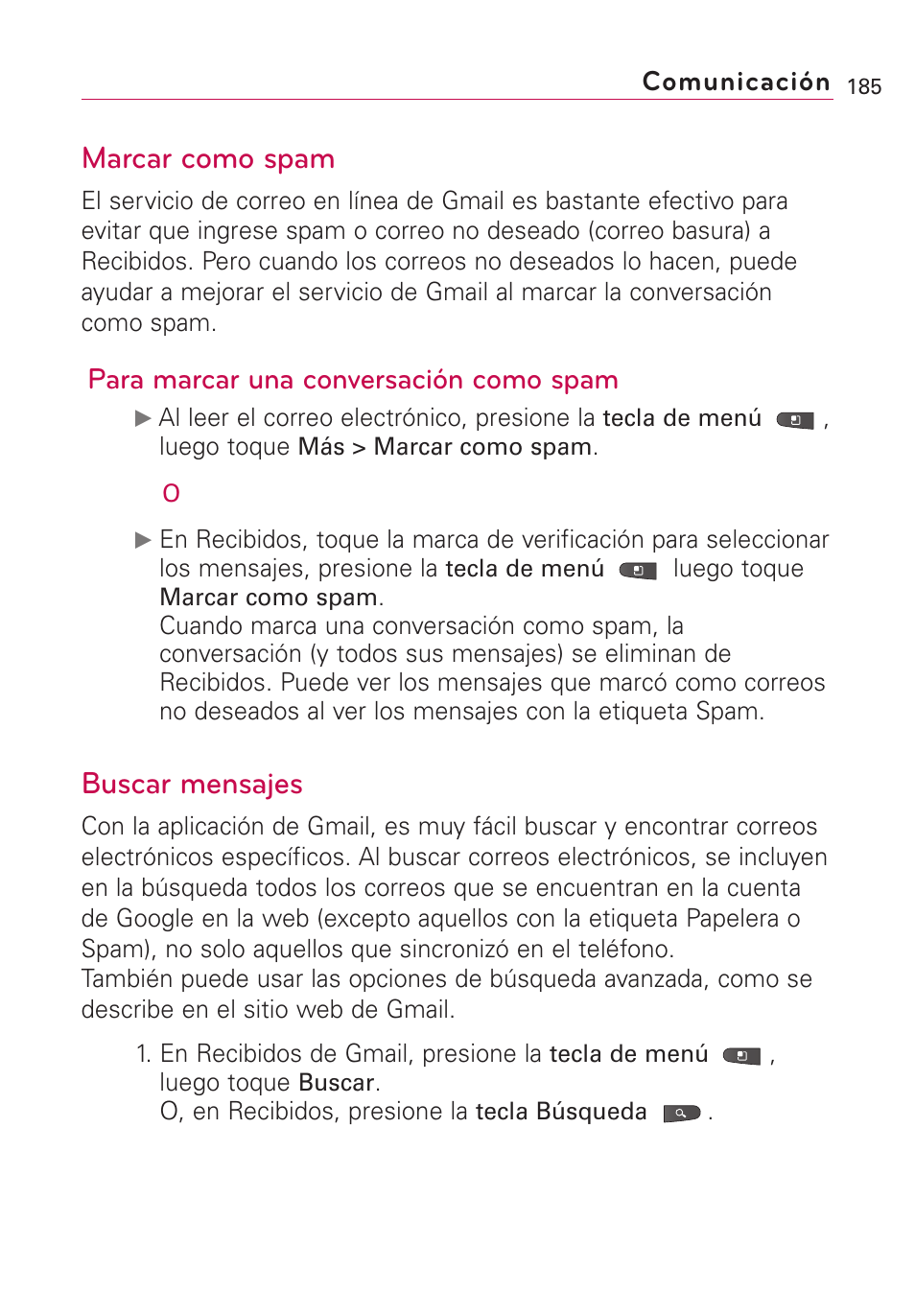 Marcar como spam, Buscar mensajes, Marcar como spam buscar mensajes | Para marcar una conversación como spam | LG VS660 User Manual | Page 520 / 692