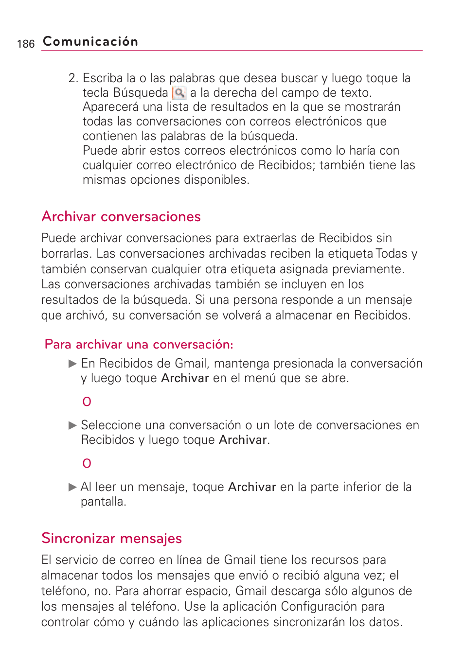 Archivar conversaciones, Sincronizar mensajes, Archivar conversaciones sincronizar mensajes | Para archivar una conversación, Comunicación | LG VS660 User Manual | Page 521 / 692