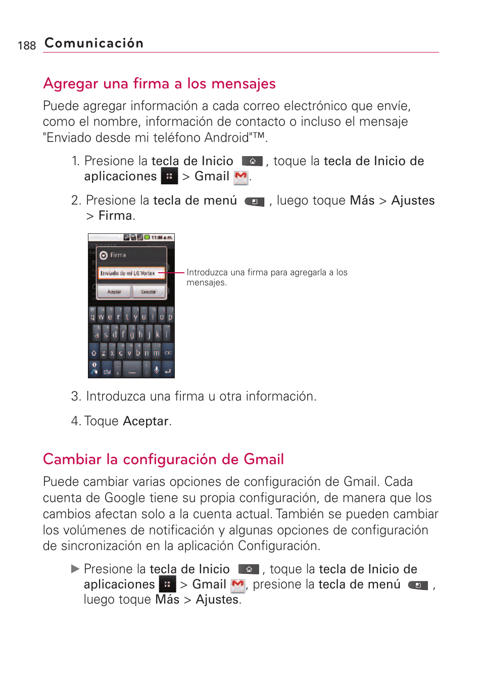 Agregar una firma a los mens, Cambiar la configuración de, Agregar una firma a los mensajes | Cambiar la configuración de gmail, Comunicación | LG VS660 User Manual | Page 523 / 692