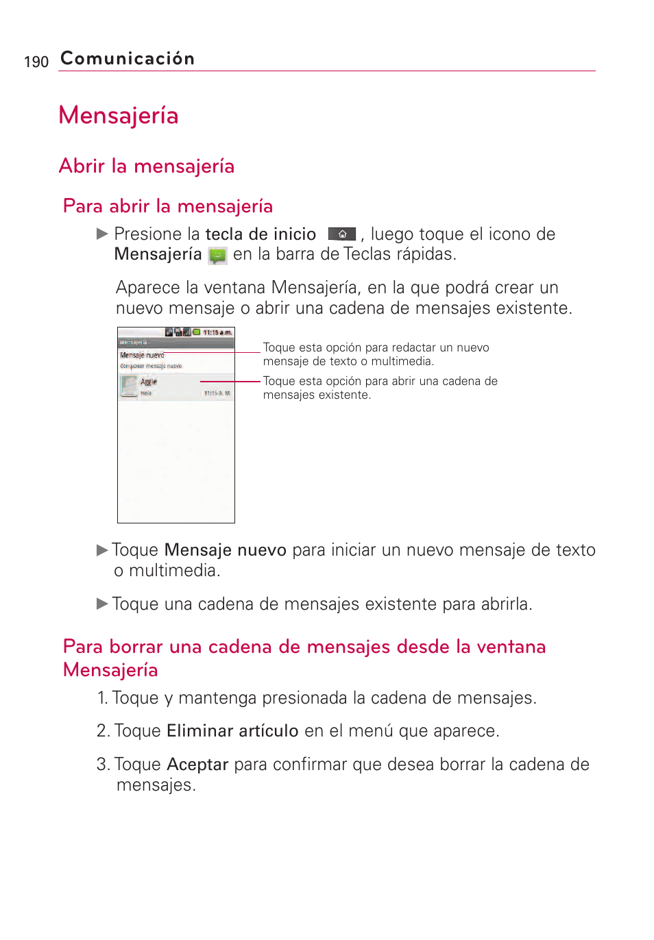 Mensajería, Abrir la mensajería, Para abrir la mensajería | Comunicación | LG VS660 User Manual | Page 525 / 692