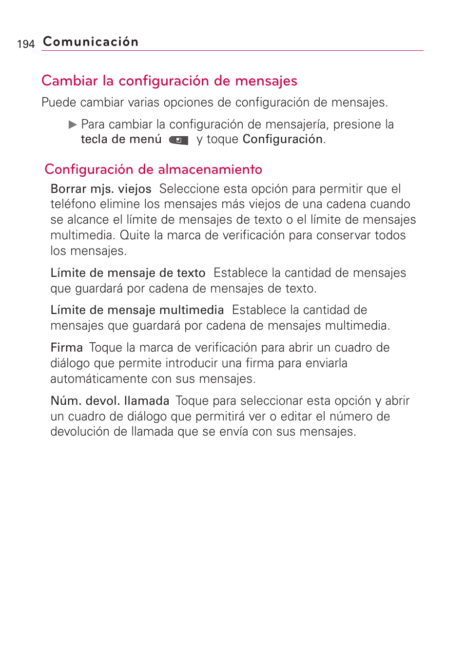 Cambiar la configuración de, Cambiar la configuración de mensajes, Configuración de almacenamiento | LG VS660 User Manual | Page 529 / 692