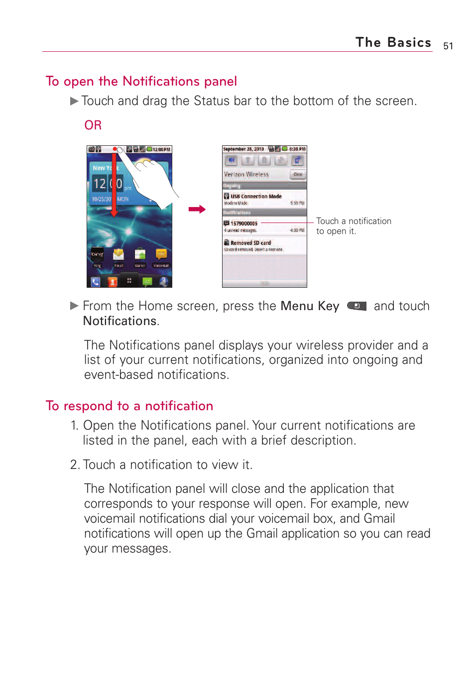 The basics to open the notifications panel | LG VS660 User Manual | Page 53 / 692