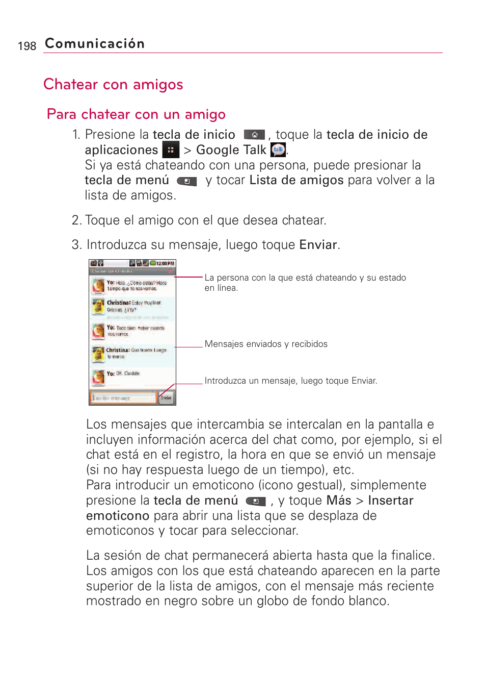 Chatear con amigos, Para chatear con un amigo, Comunicación | LG VS660 User Manual | Page 533 / 692