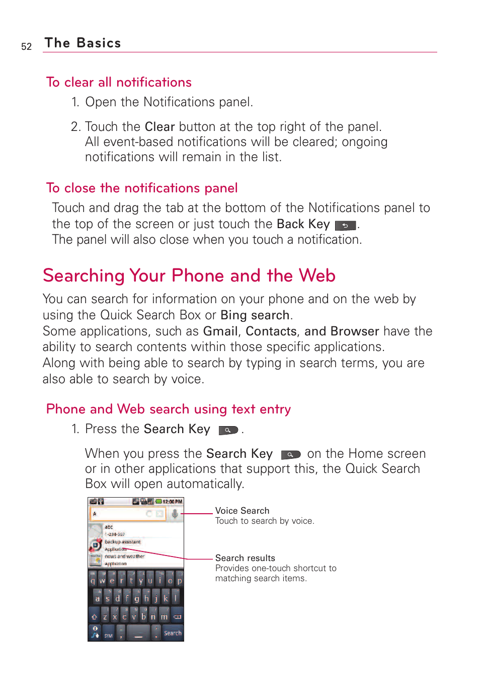 Searching your phone and the, Searching your phone and the web | LG VS660 User Manual | Page 54 / 692