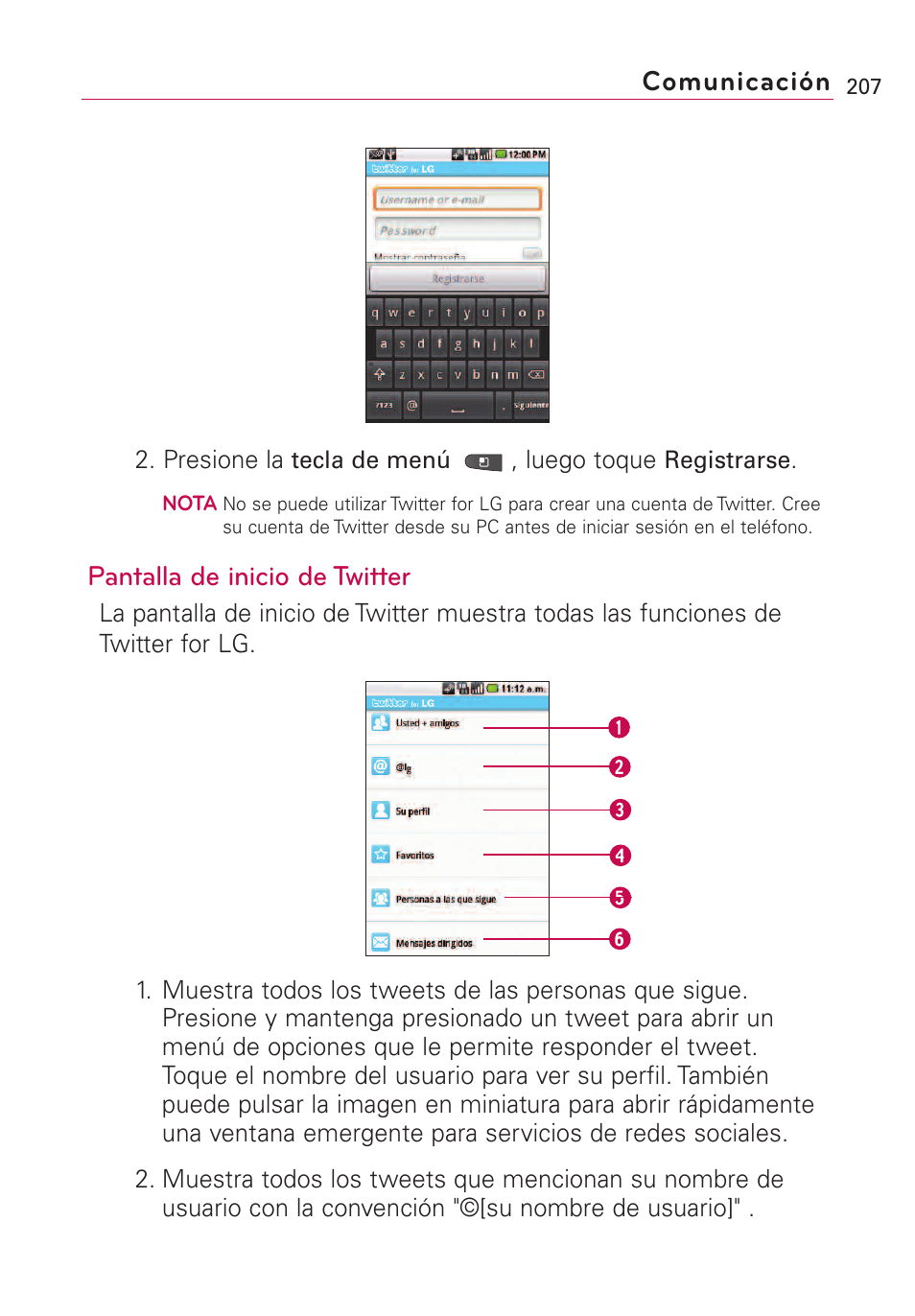 Comunicación, Pantalla de inicio de twitter | LG VS660 User Manual | Page 542 / 692