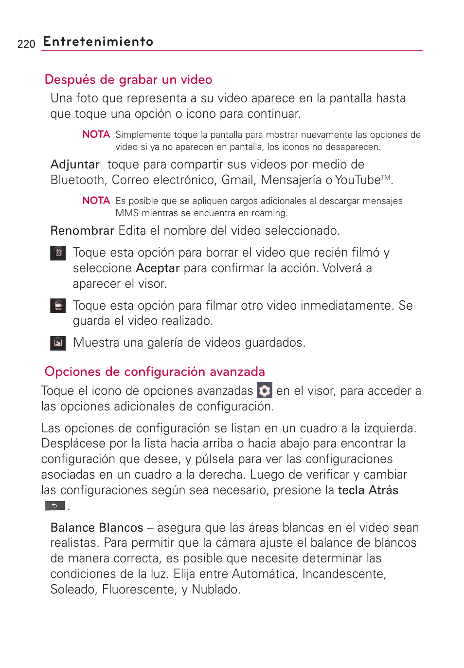 Después de grabar un video, Opciones de configuración avanzada, Entretenimiento | LG VS660 User Manual | Page 555 / 692