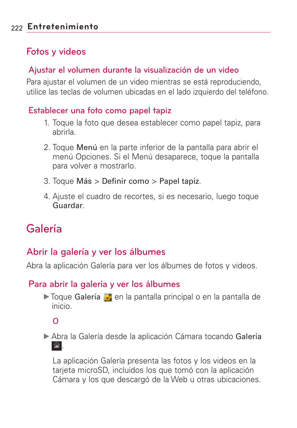 Fotos y videos, Galería, Abrir la galería y ver los á | Abrir la galería y ver los álbumes, Para abrir la galería y ver los álbumes | LG VS660 User Manual | Page 557 / 692