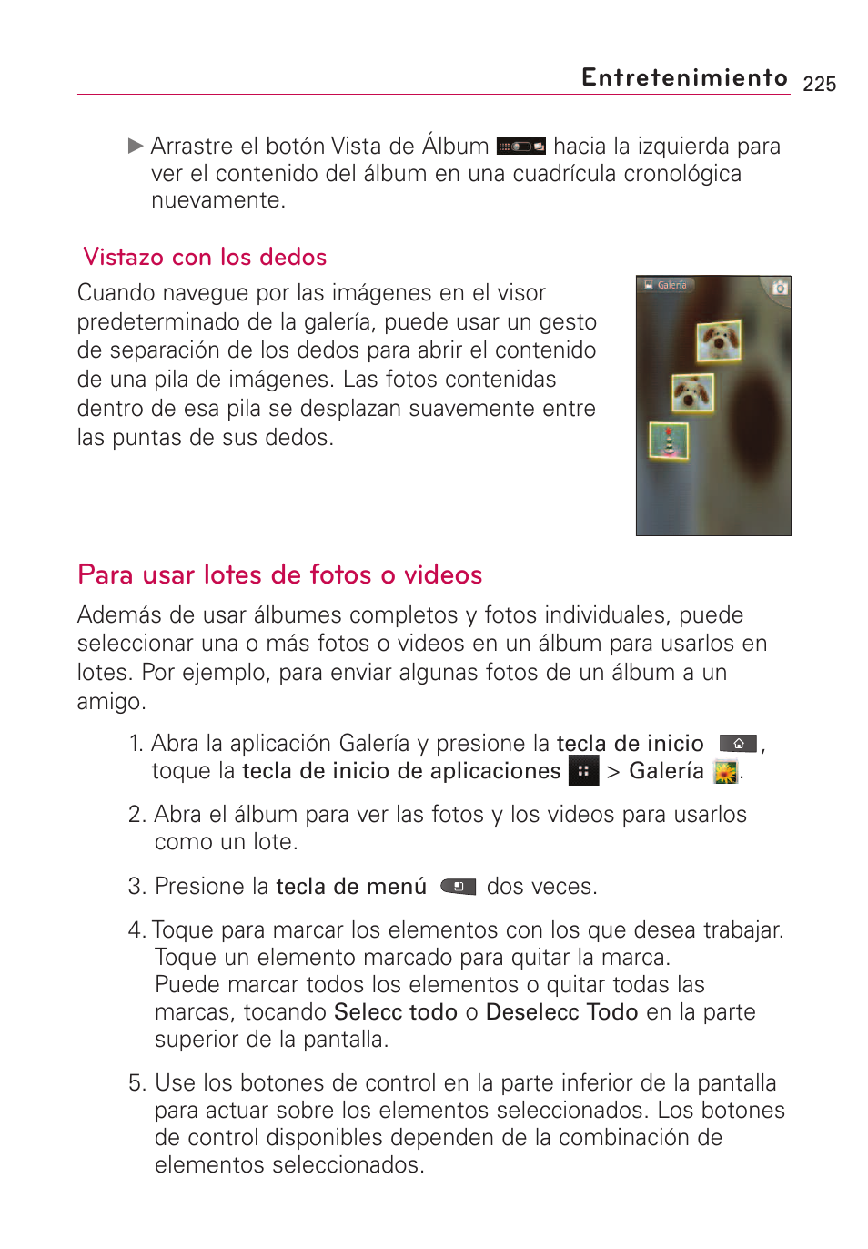 Para usar lotes de fotos o v, Para usar lotes de fotos o videos | LG VS660 User Manual | Page 560 / 692